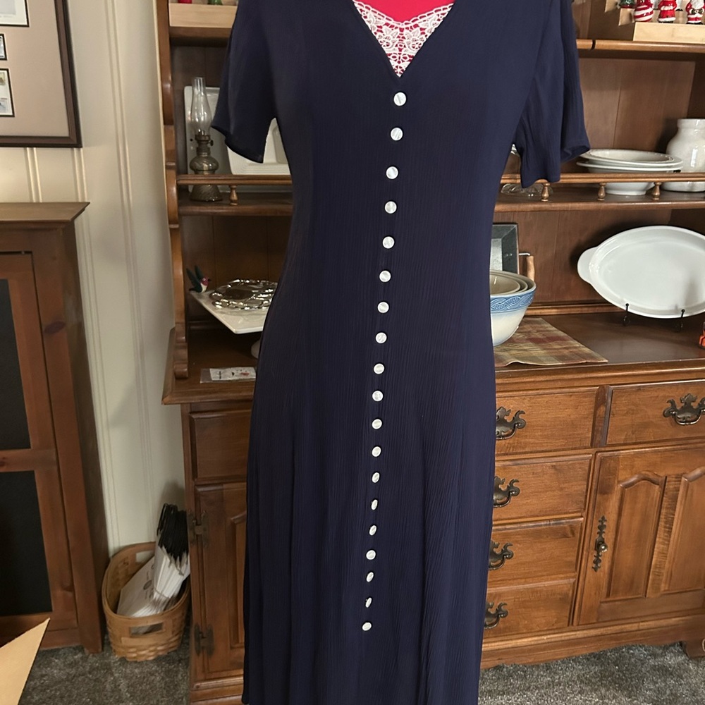 Fashion Bug Navy Midi Dress with White Buttons